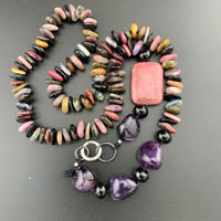 One Of A Kind Silk Knotted Tourmaline, Amethyst, Smokey Quartz and Rhodonite Gemstone Candy Necklace