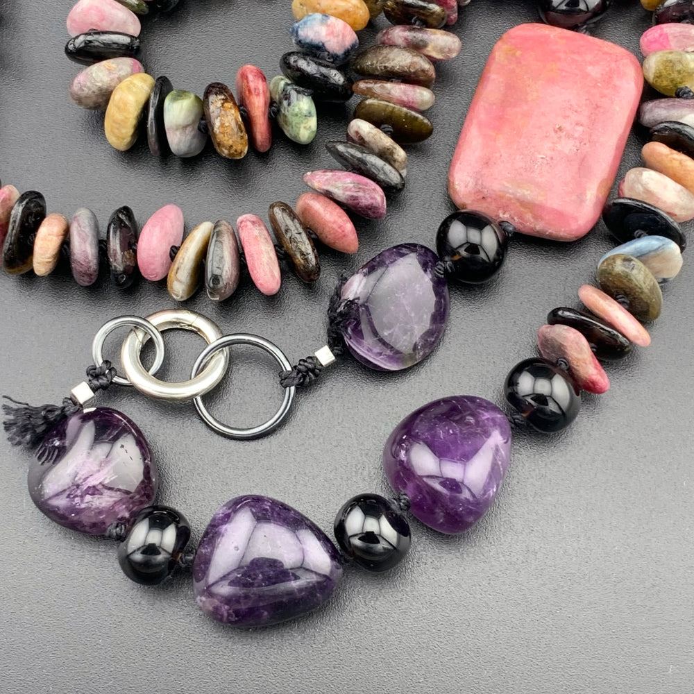 One Of A Kind Silk Knotted Tourmaline, Amethyst, Smokey Quartz and Rhodonite Gemstone Candy Necklace