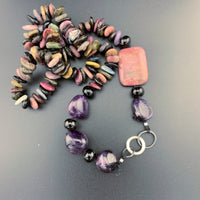 One Of A Kind Silk Knotted Tourmaline, Amethyst, Smokey Quartz and Rhodonite Gemstone Candy Necklace