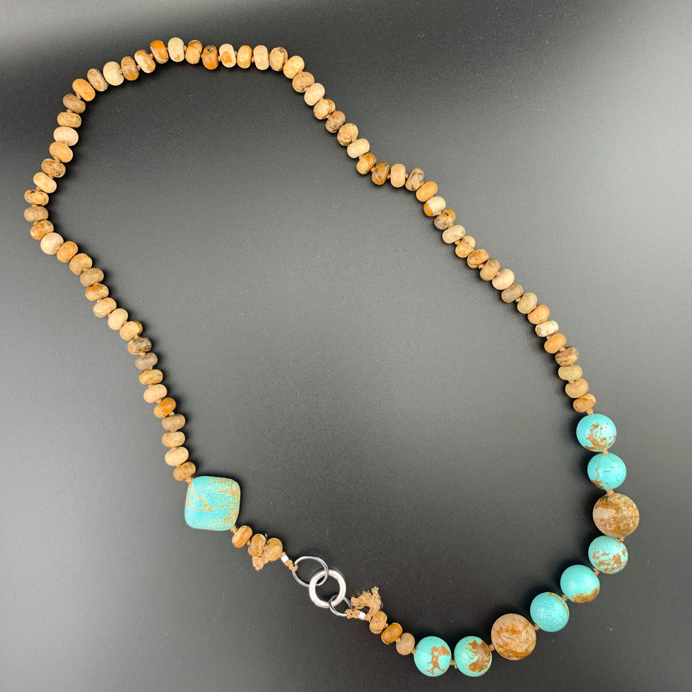 One Of A Kind Silk Knotted Picture Jasper and Turquoise Gemstone Candy Necklace