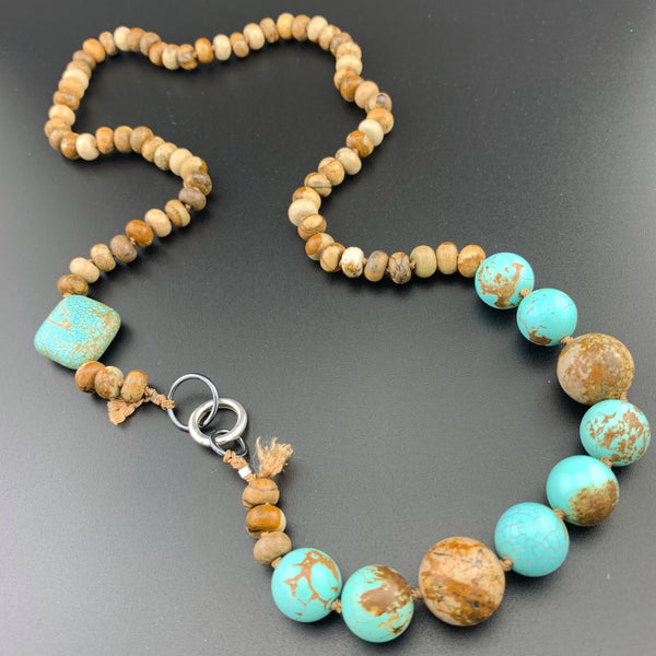 One Of A Kind Silk Knotted Picture Jasper and Turquoise Gemstone Candy Necklace