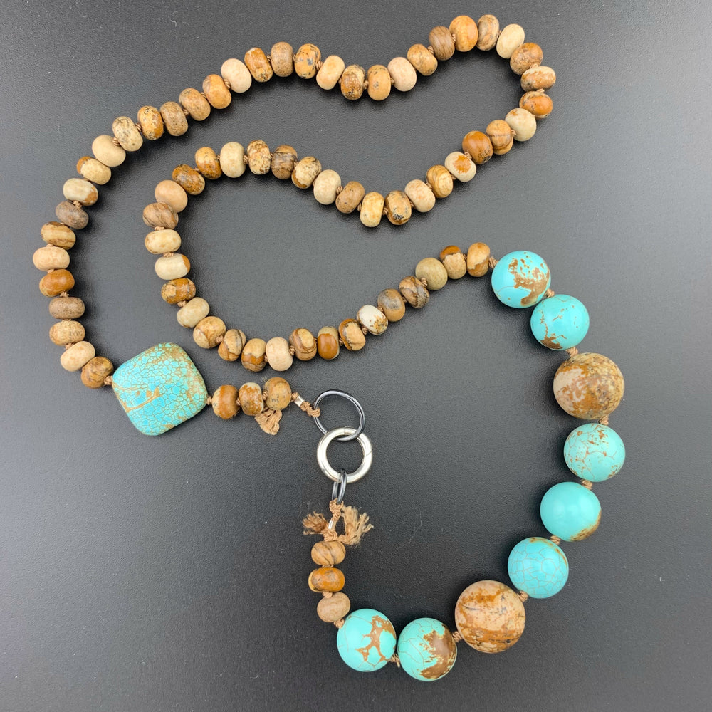 One Of A Kind Silk Knotted Picture Jasper and Turquoise Gemstone Candy Necklace