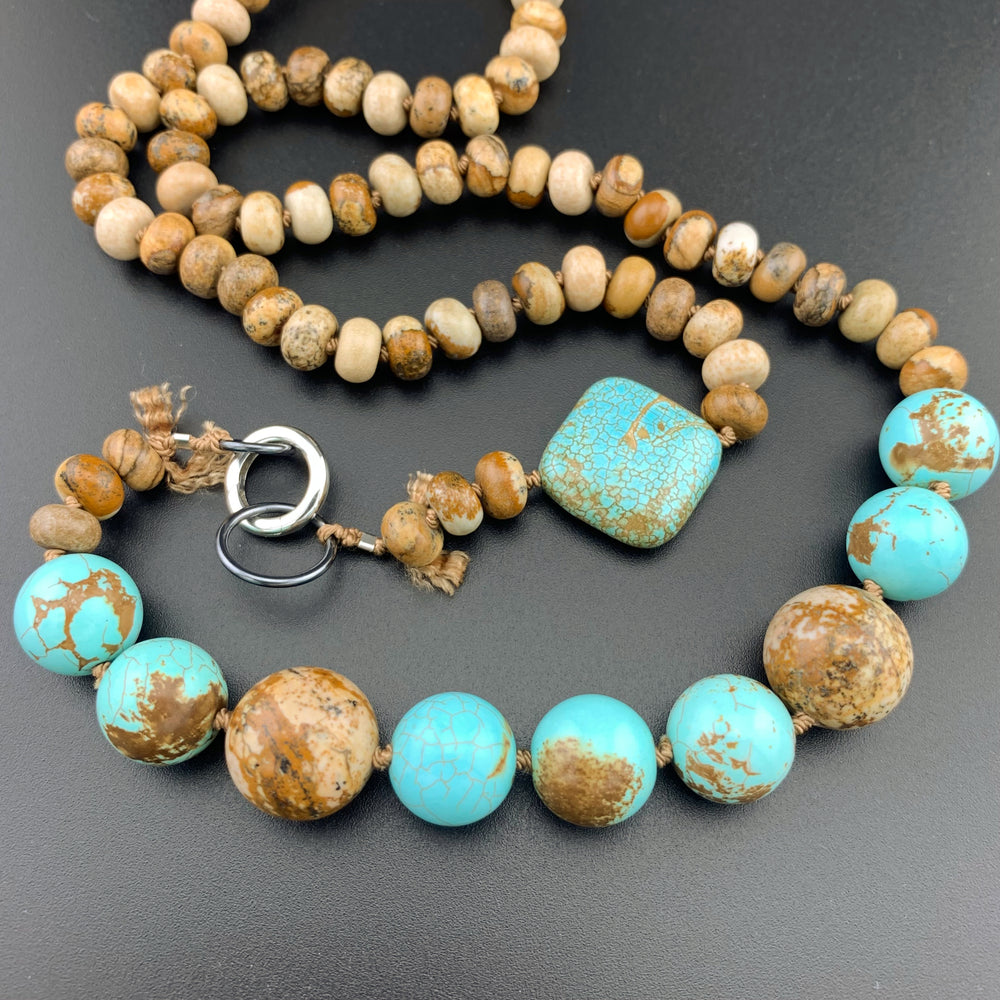 One Of A Kind Silk Knotted Picture Jasper and Turquoise Gemstone Candy Necklace