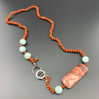 One Of A Kind Silk Knotted Red Jasper and Amazonite Gemstone Candy Necklace