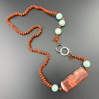 One Of A Kind Silk Knotted Red Jasper and Amazonite Gemstone Candy Necklace