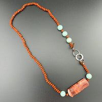 One Of A Kind Silk Knotted Red Jasper and Amazonite Gemstone Candy Necklace