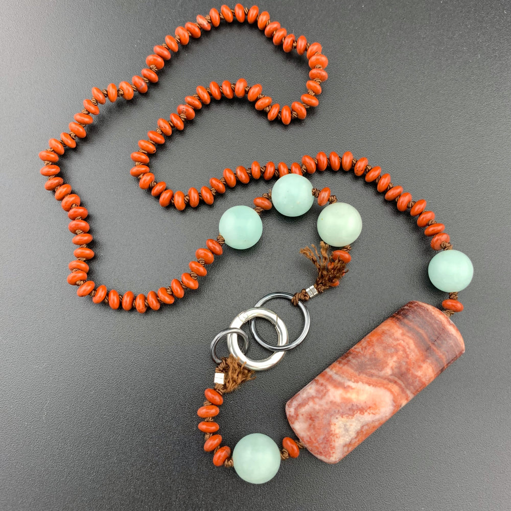 One Of A Kind Silk Knotted Red Jasper and Amazonite Gemstone Candy Necklace