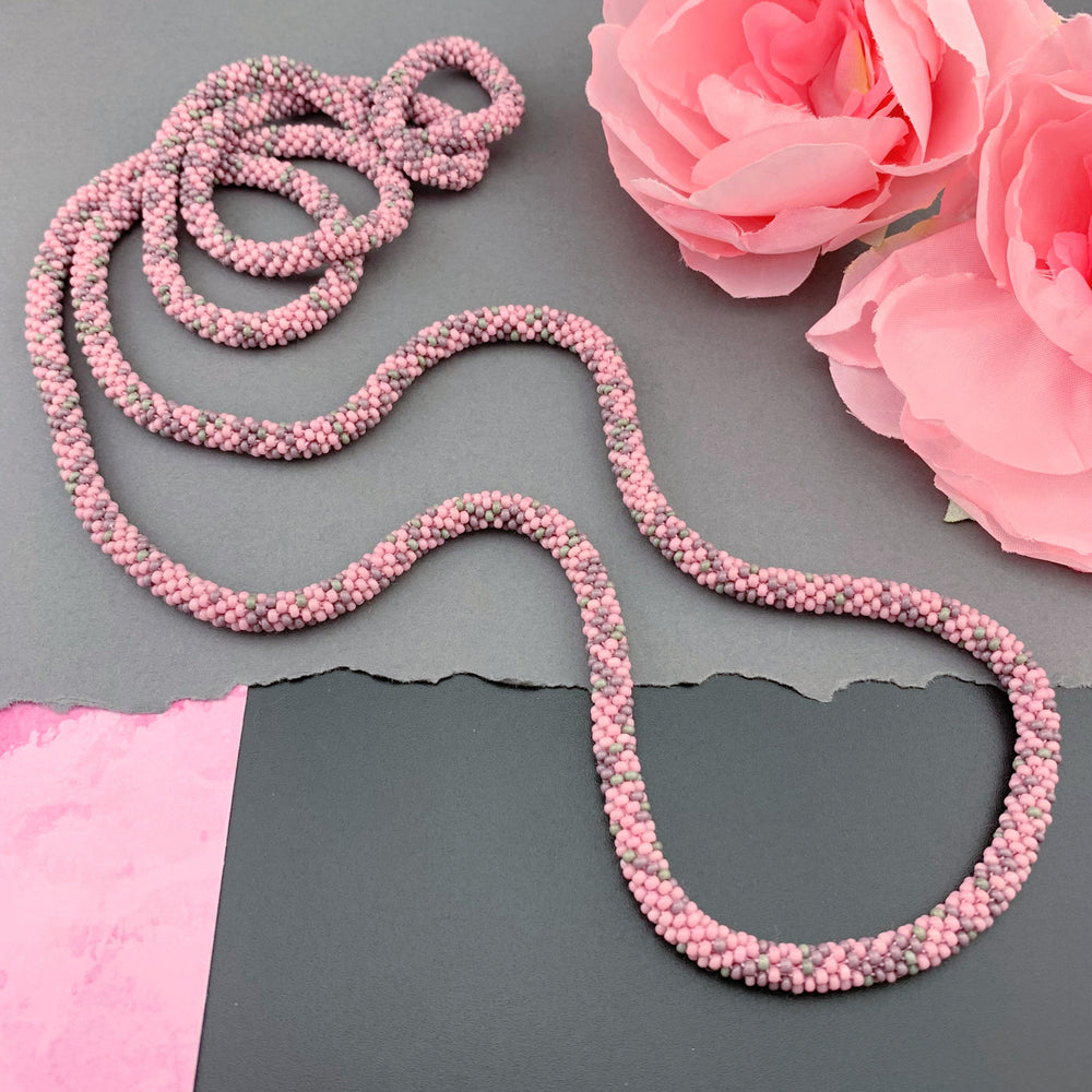 55" Abstract Pattern Beaded Crochet Rope Necklace - Pink