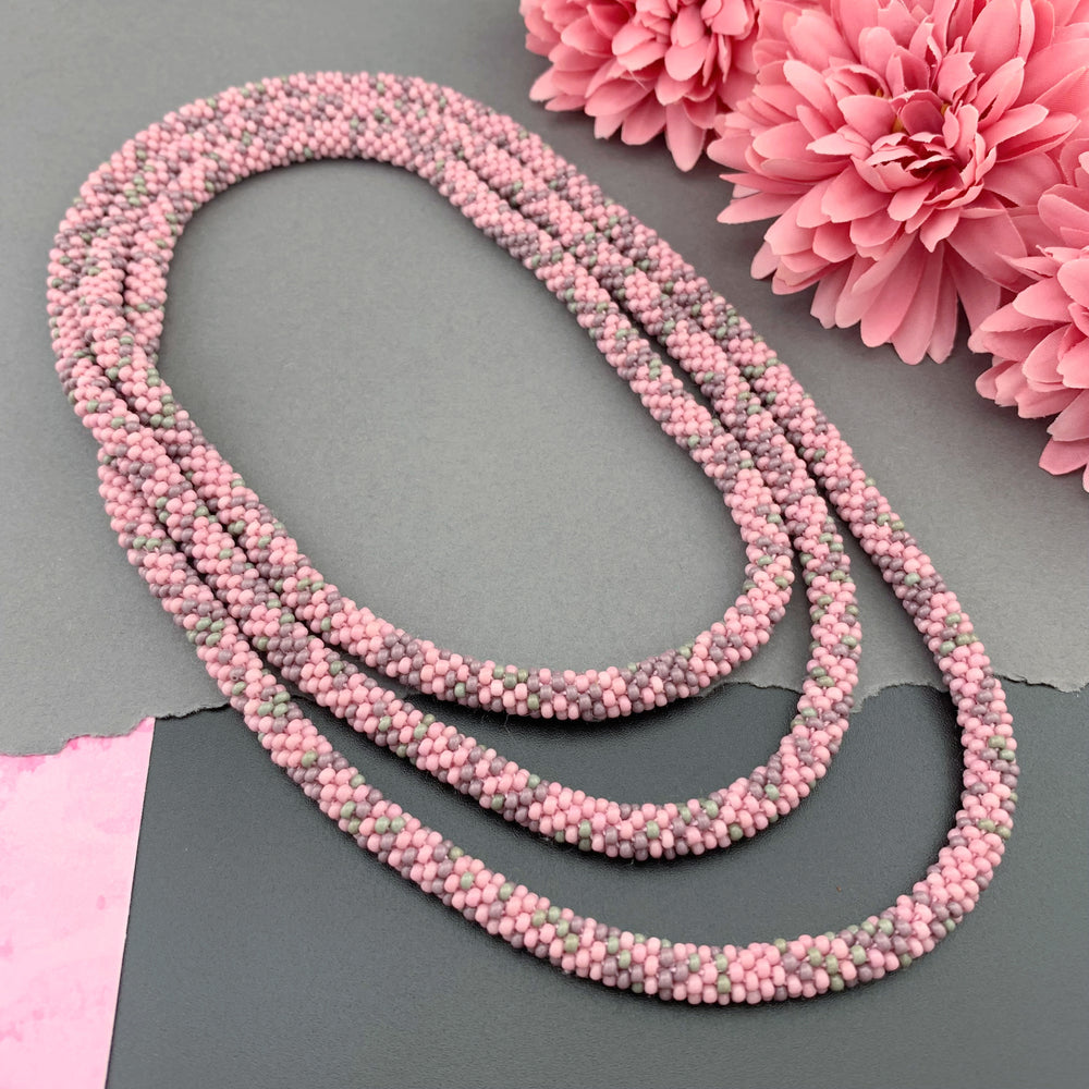 55" Abstract Pattern Beaded Crochet Rope Necklace - Pink