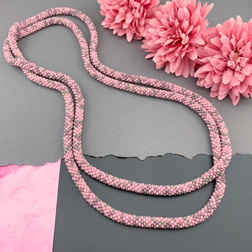 55" Abstract Pattern Beaded Crochet Rope Necklace - Pink