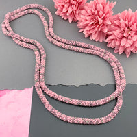 55" Abstract Pattern Beaded Crochet Rope Necklace - Pink