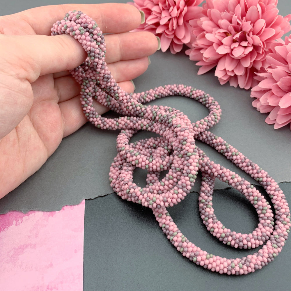 55" Abstract Pattern Beaded Crochet Rope Necklace - Pink
