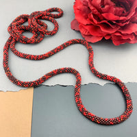 65" Abstract Pattern Beaded Crochet Rope Necklace - Red/Chocolate