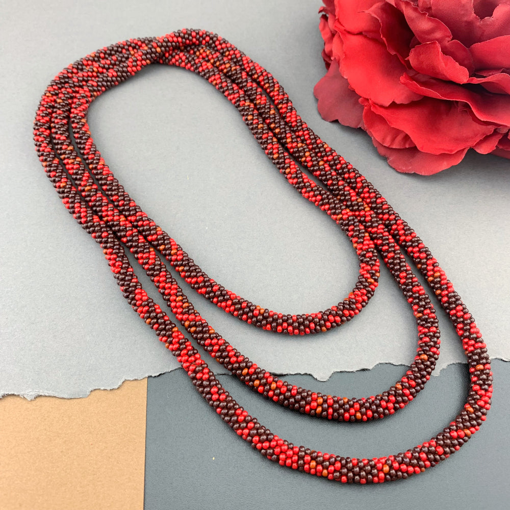 65" Abstract Pattern Beaded Crochet Rope Necklace - Red/Chocolate