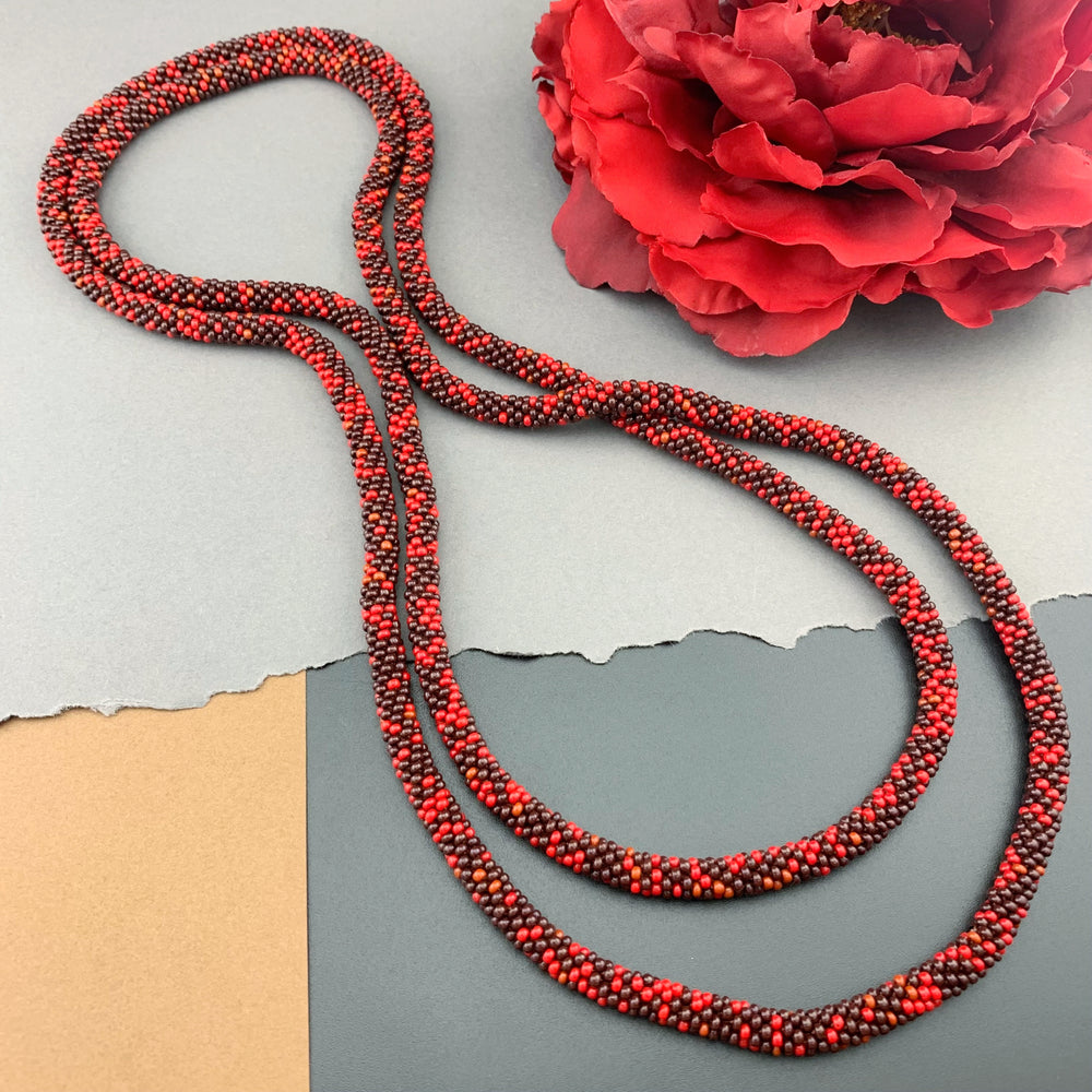65" Abstract Pattern Beaded Crochet Rope Necklace - Red/Chocolate
