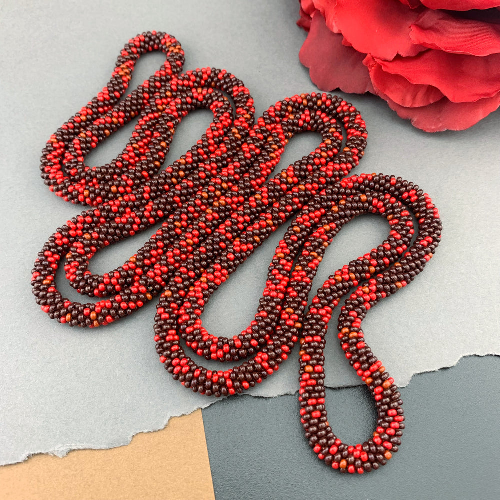 65" Abstract Pattern Beaded Crochet Rope Necklace - Red/Chocolate
