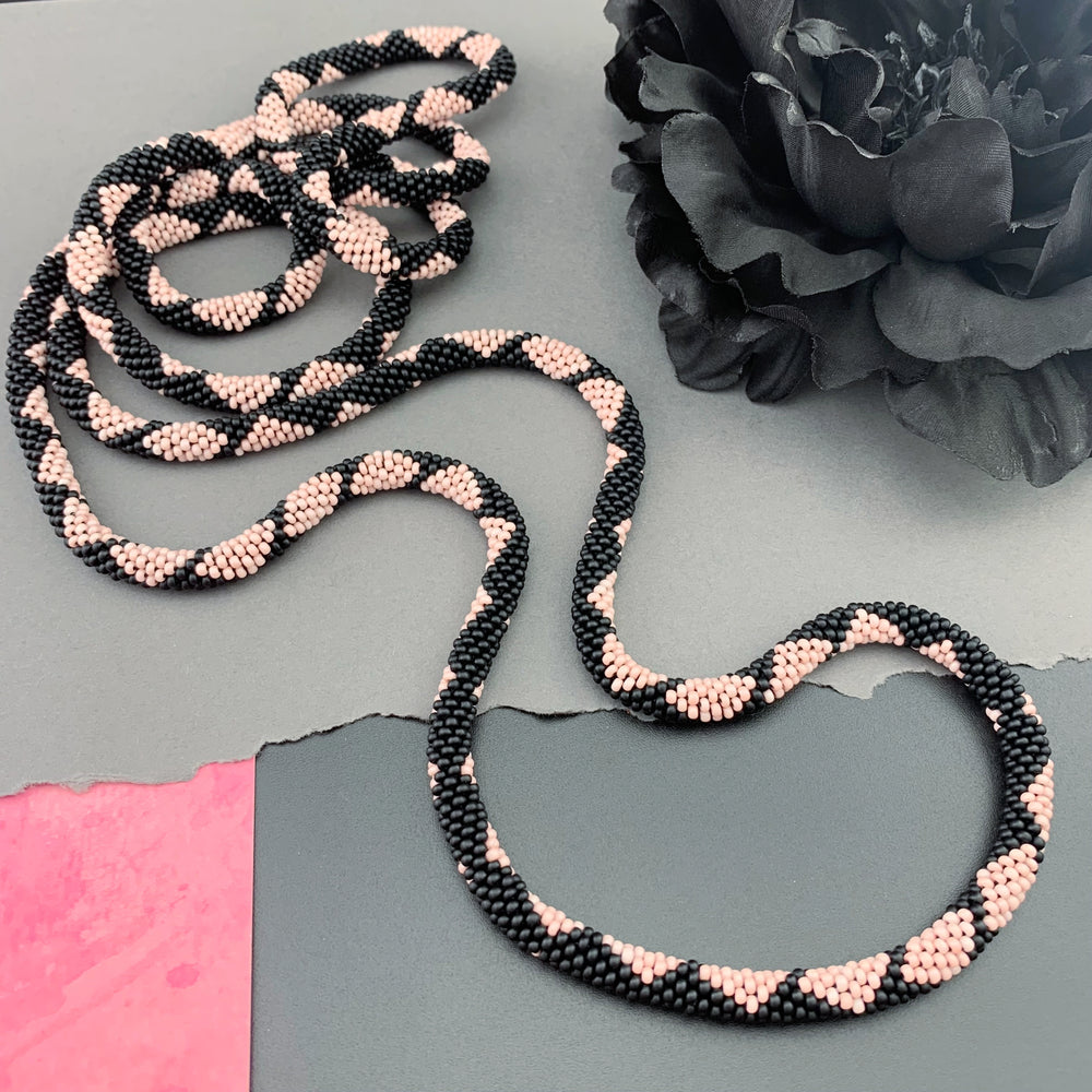 65" Diamond Pattern Beaded Crochet Rope Necklace - Dusty Rose Pink