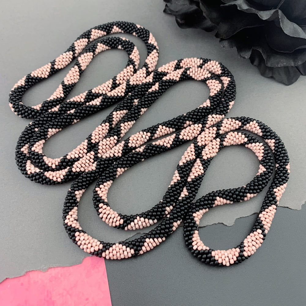 65" Diamond Pattern Beaded Crochet Rope Necklace - Dusty Rose Pink