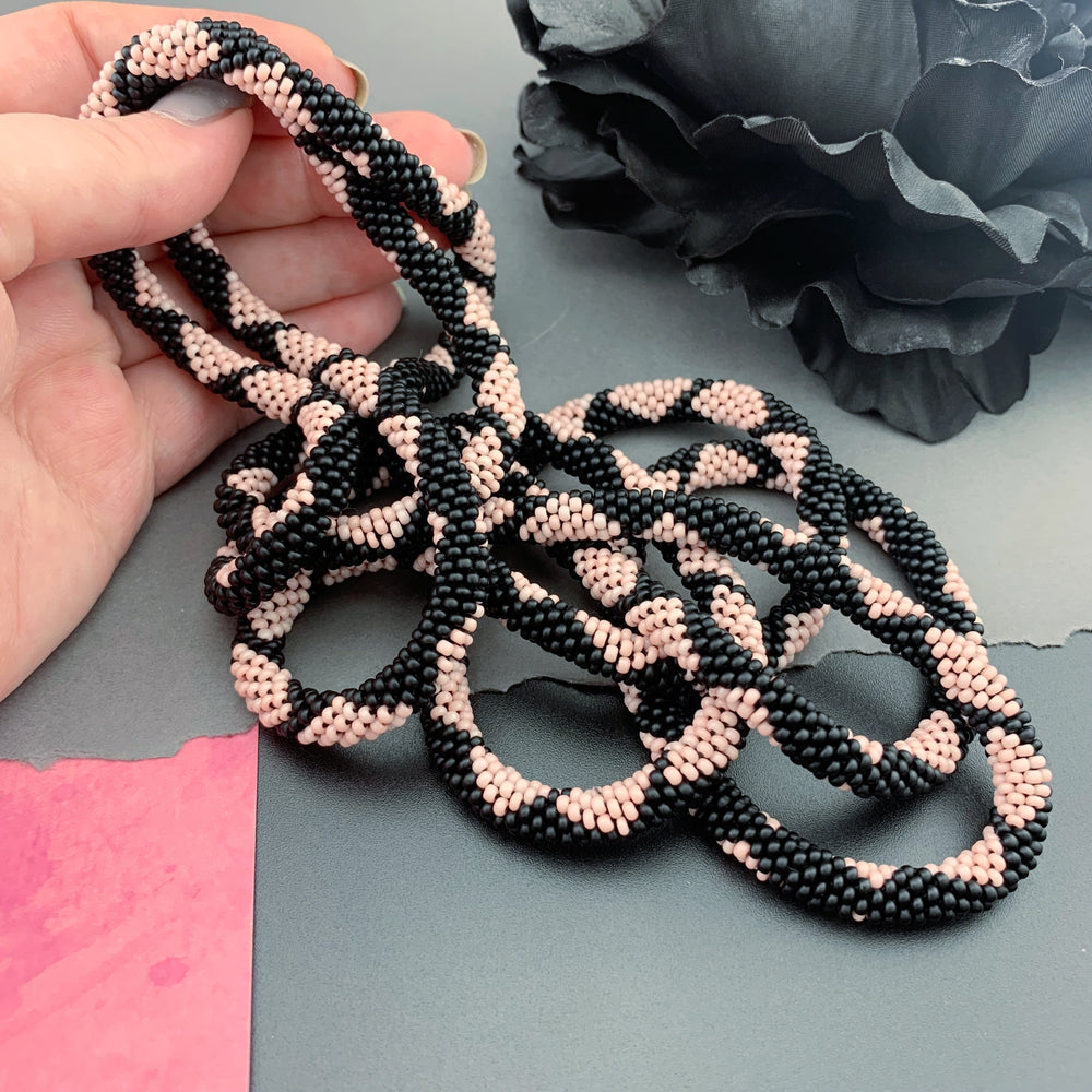 65" Diamond Pattern Beaded Crochet Rope Necklace - Dusty Rose Pink