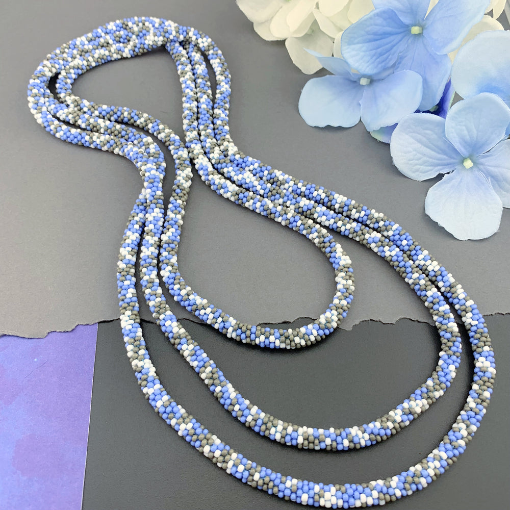 75" Abstract Pattern Beaded Crochet Rope Necklace - Light Blue/Grey