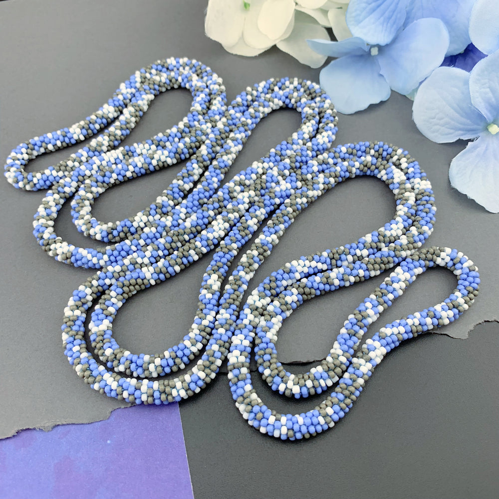 75" Abstract Pattern Beaded Crochet Rope Necklace - Light Blue/Grey
