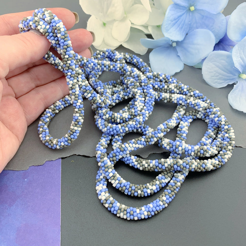 75" Abstract Pattern Beaded Crochet Rope Necklace - Light Blue/Grey