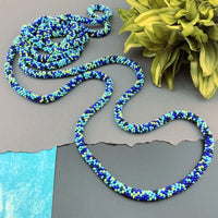 75" Abstract Pattern Beaded Crochet Rope Necklace - Dark Blue/Lime