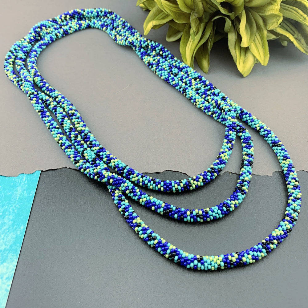 75" Abstract Pattern Beaded Crochet Rope Necklace - Dark Blue/Lime