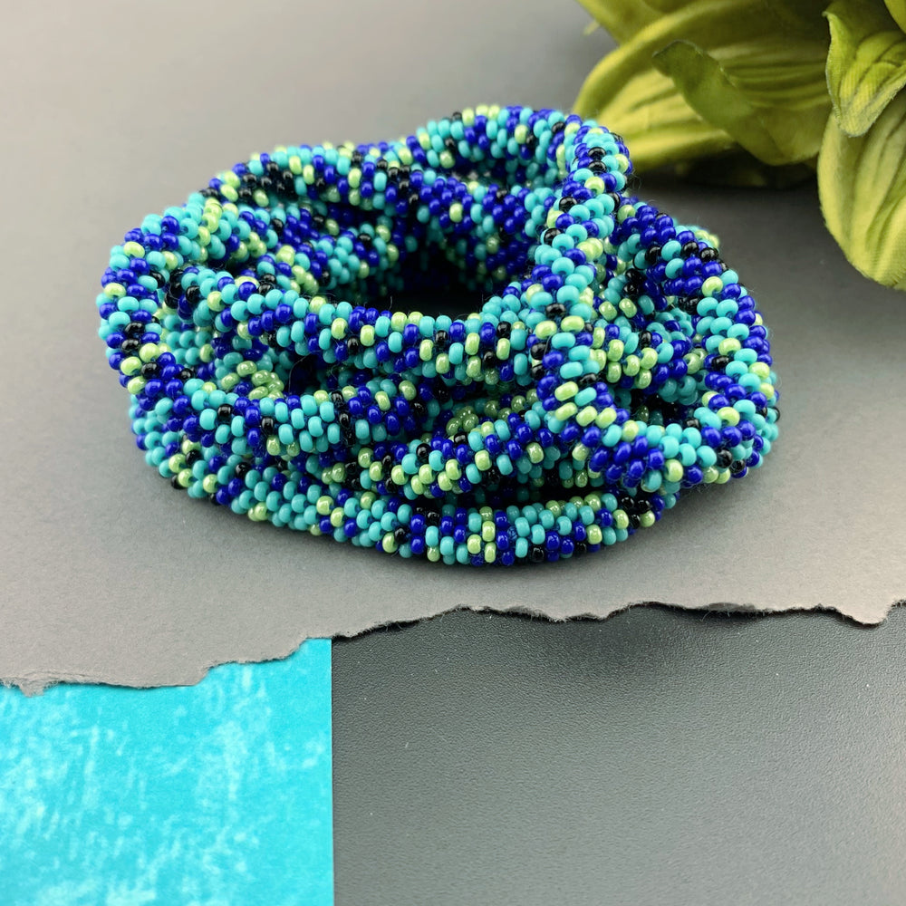 75" Abstract Pattern Beaded Crochet Rope Necklace - Dark Blue/Lime