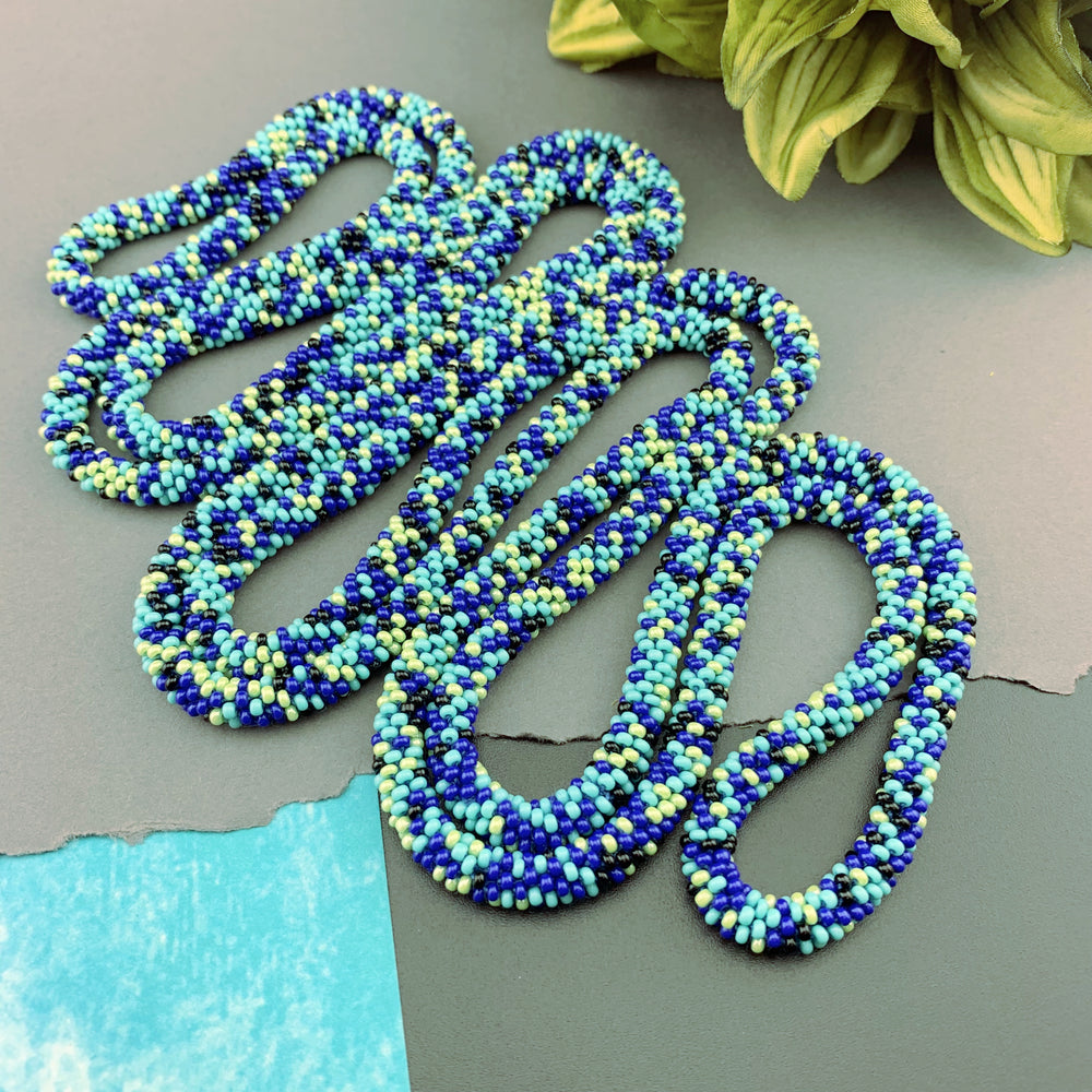 75" Abstract Pattern Beaded Crochet Rope Necklace - Dark Blue/Lime
