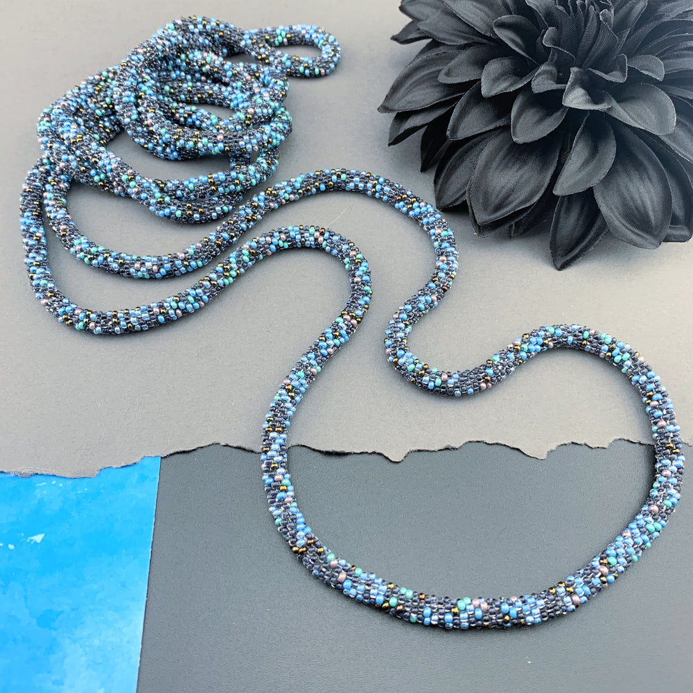 75" Abstract Pattern Beaded Crochet Rope Necklace - Shimmering Black/Blue