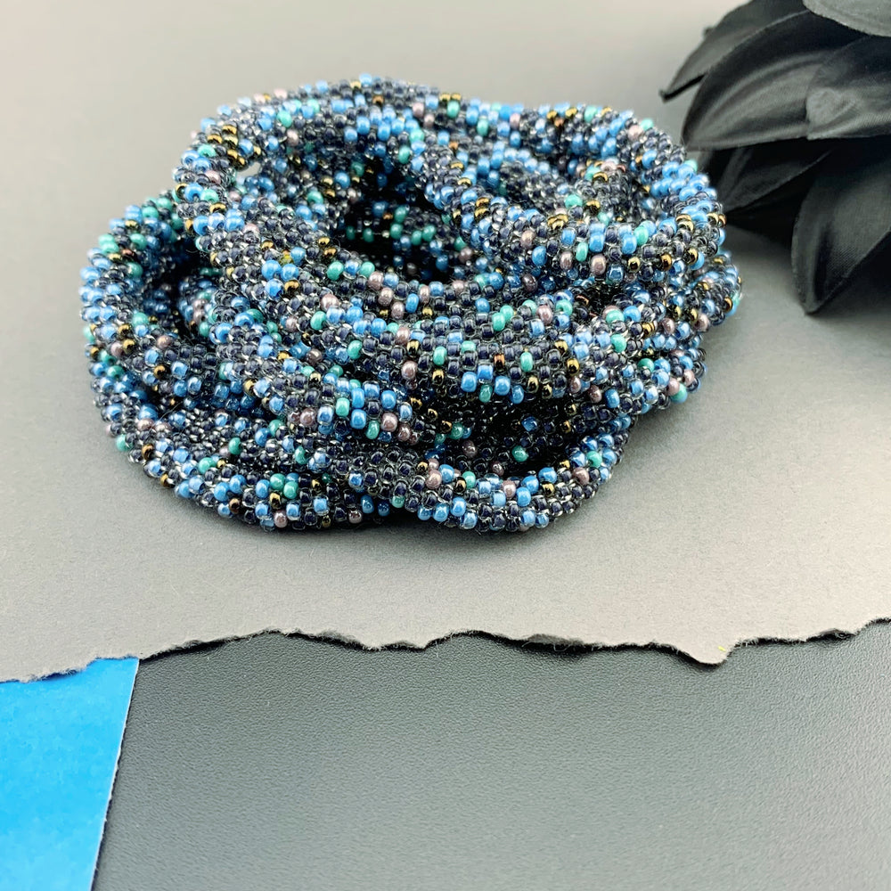 75" Abstract Pattern Beaded Crochet Rope Necklace - Shimmering Black/Blue