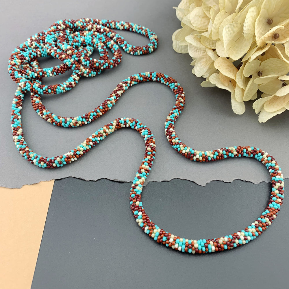 75" Abstract Pattern Beaded Crochet Rope Necklace - Turquoise/Neutrals