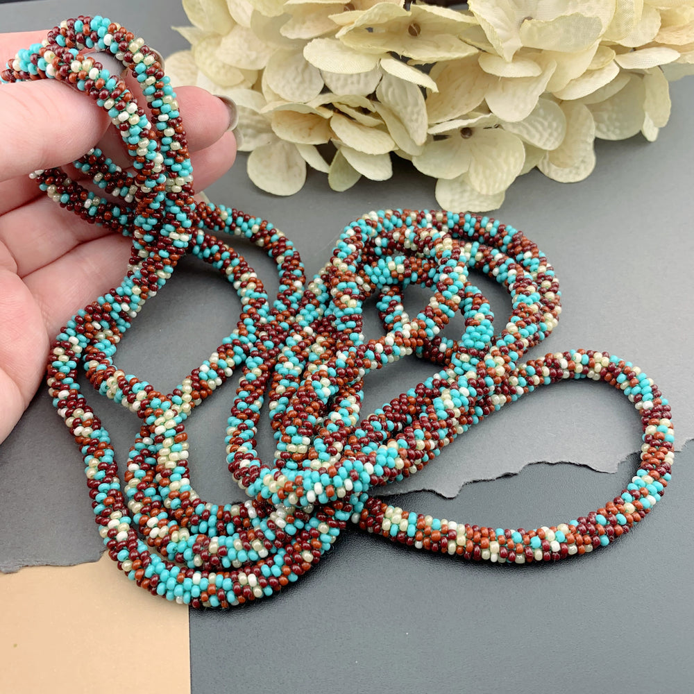 75" Abstract Pattern Beaded Crochet Rope Necklace - Turquoise/Neutrals