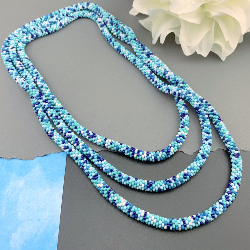 75" Abstract Pattern Beaded Crochet Rope Necklace - Turquoise/Blue