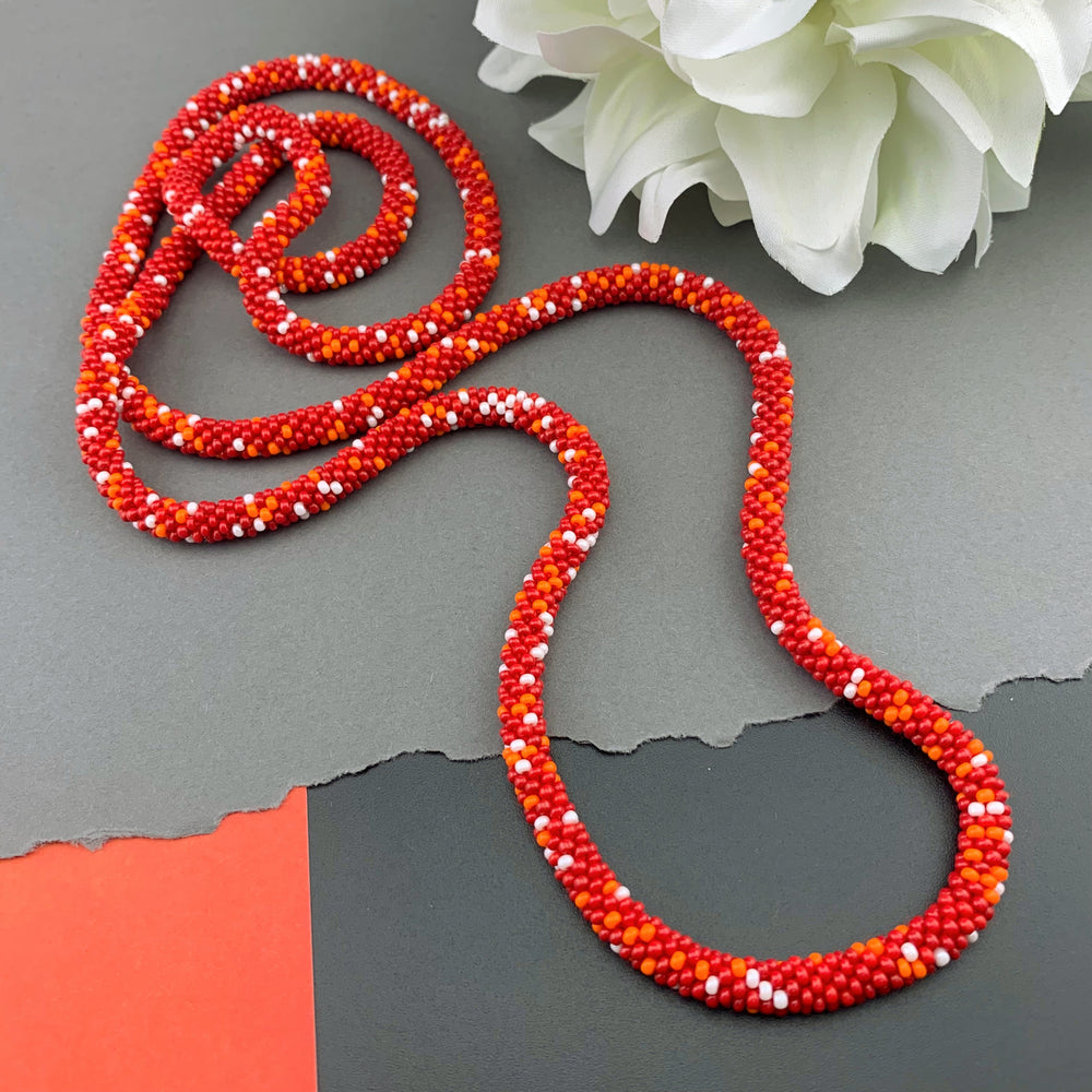 45" Abstract Pattern Beaded Crochet Rope Necklace - Red