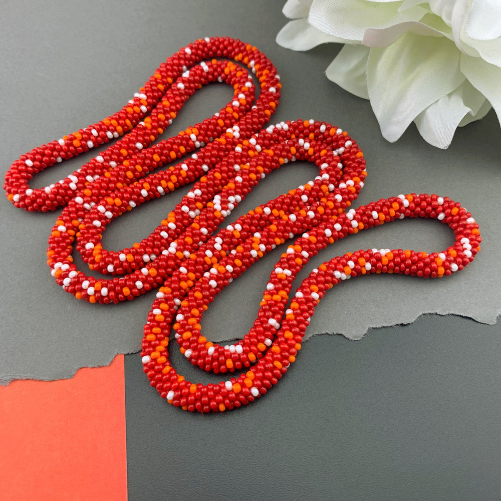 45" Abstract Pattern Beaded Crochet Rope Necklace - Red