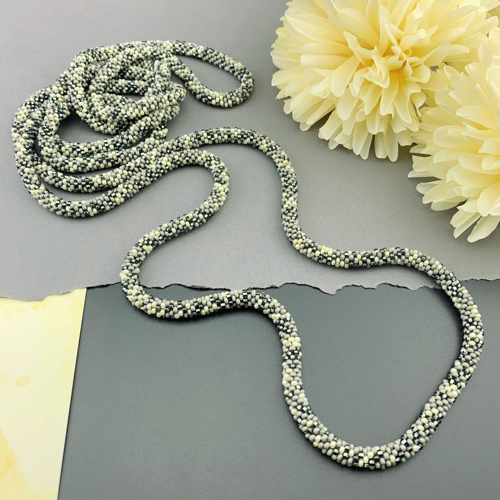 75" Abstract Pattern Beaded Crochet Rope Necklace - Grey/Yellow