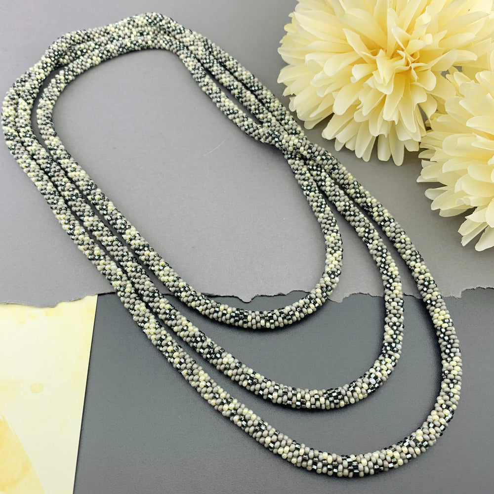 75" Abstract Pattern Beaded Crochet Rope Necklace - Grey/Yellow