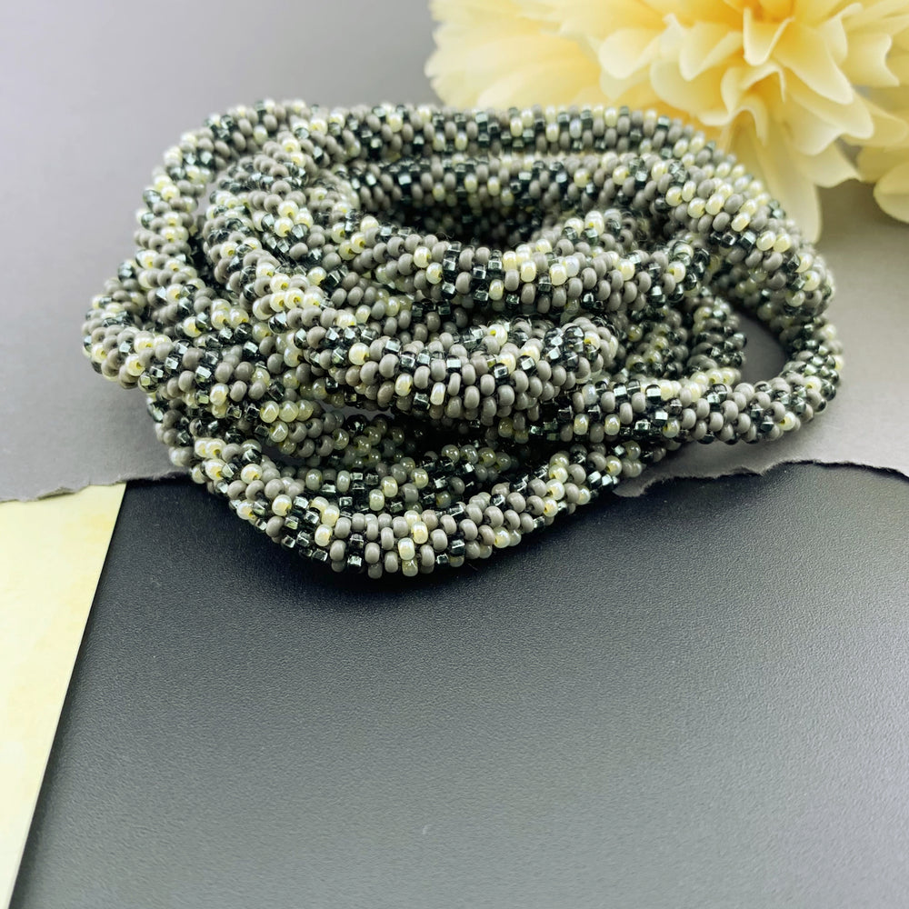 75" Abstract Pattern Beaded Crochet Rope Necklace - Grey/Yellow