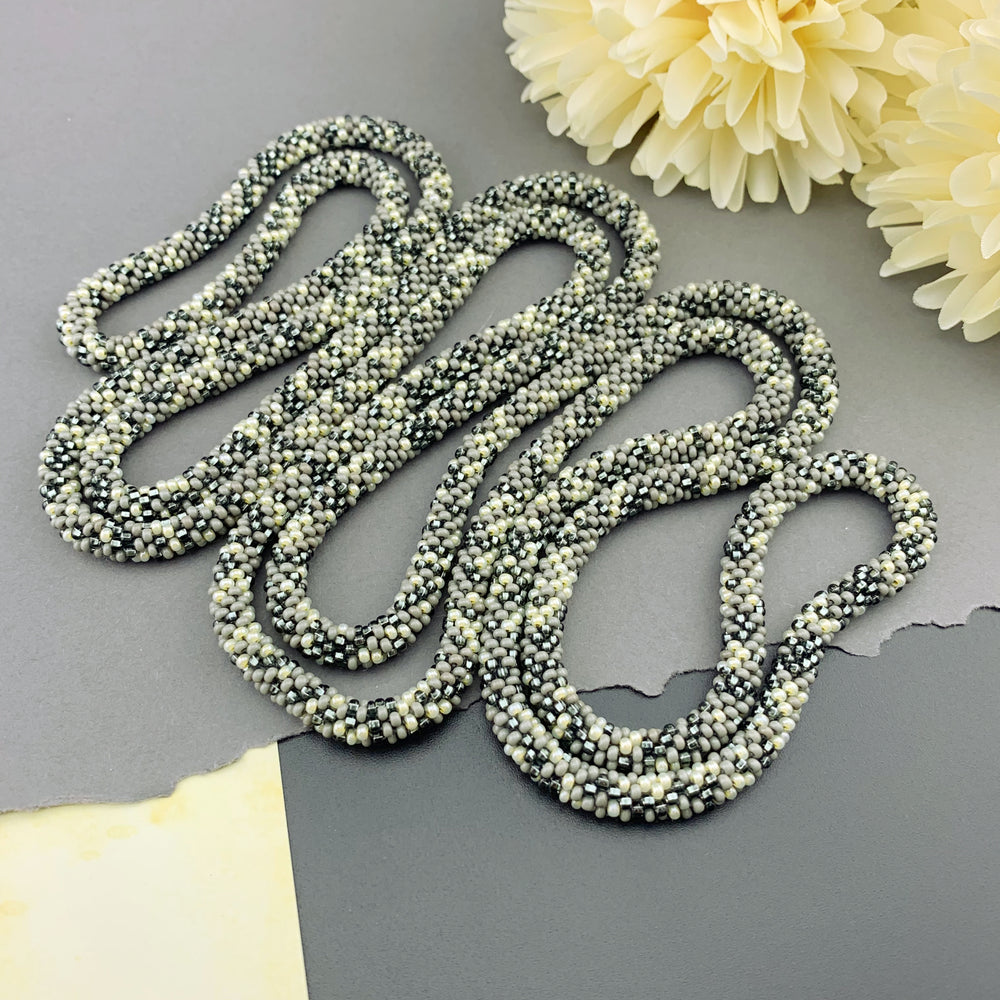 75" Abstract Pattern Beaded Crochet Rope Necklace - Grey/Yellow