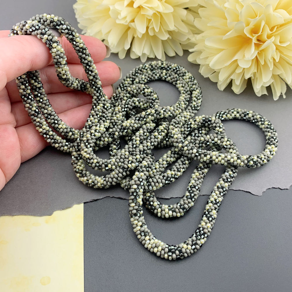 75" Abstract Pattern Beaded Crochet Rope Necklace - Grey/Yellow