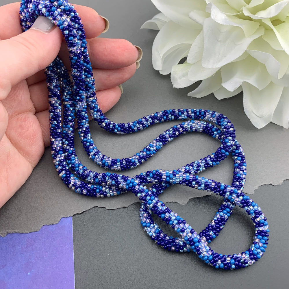 45" Abstract Pattern Beaded Crochet Rope Necklace - Blue