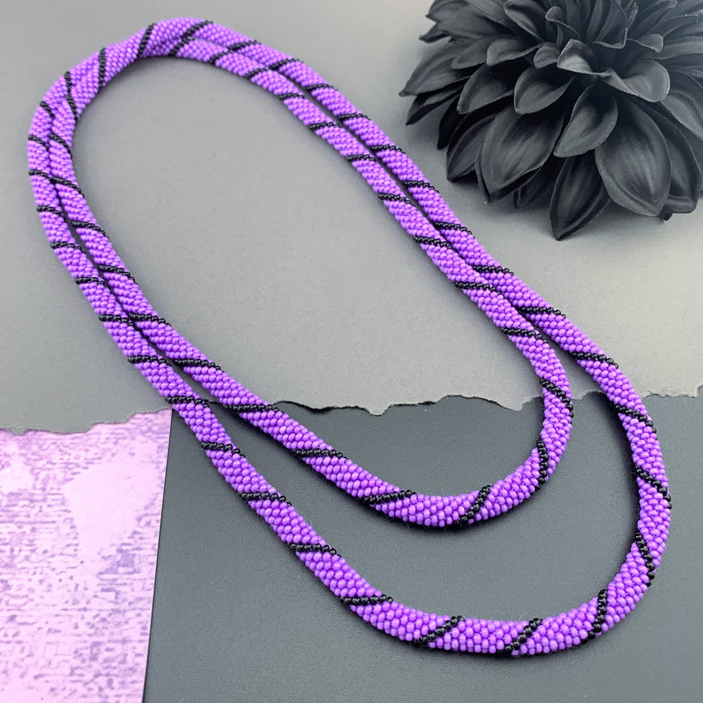 45" Spiral Pattern Beaded Crochet Rope Necklace - Purple