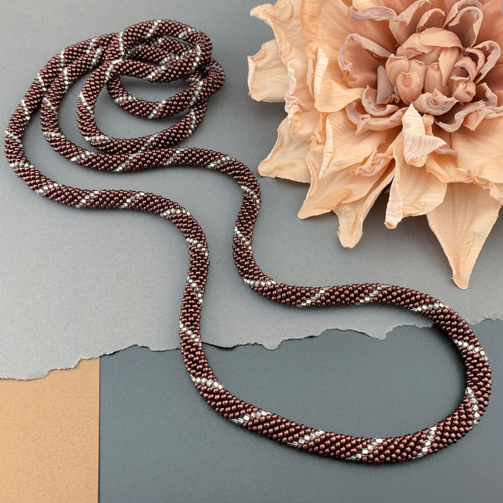 45" Spiral Pattern Beaded Crochet Rope Necklace - Silk Dark Copper
