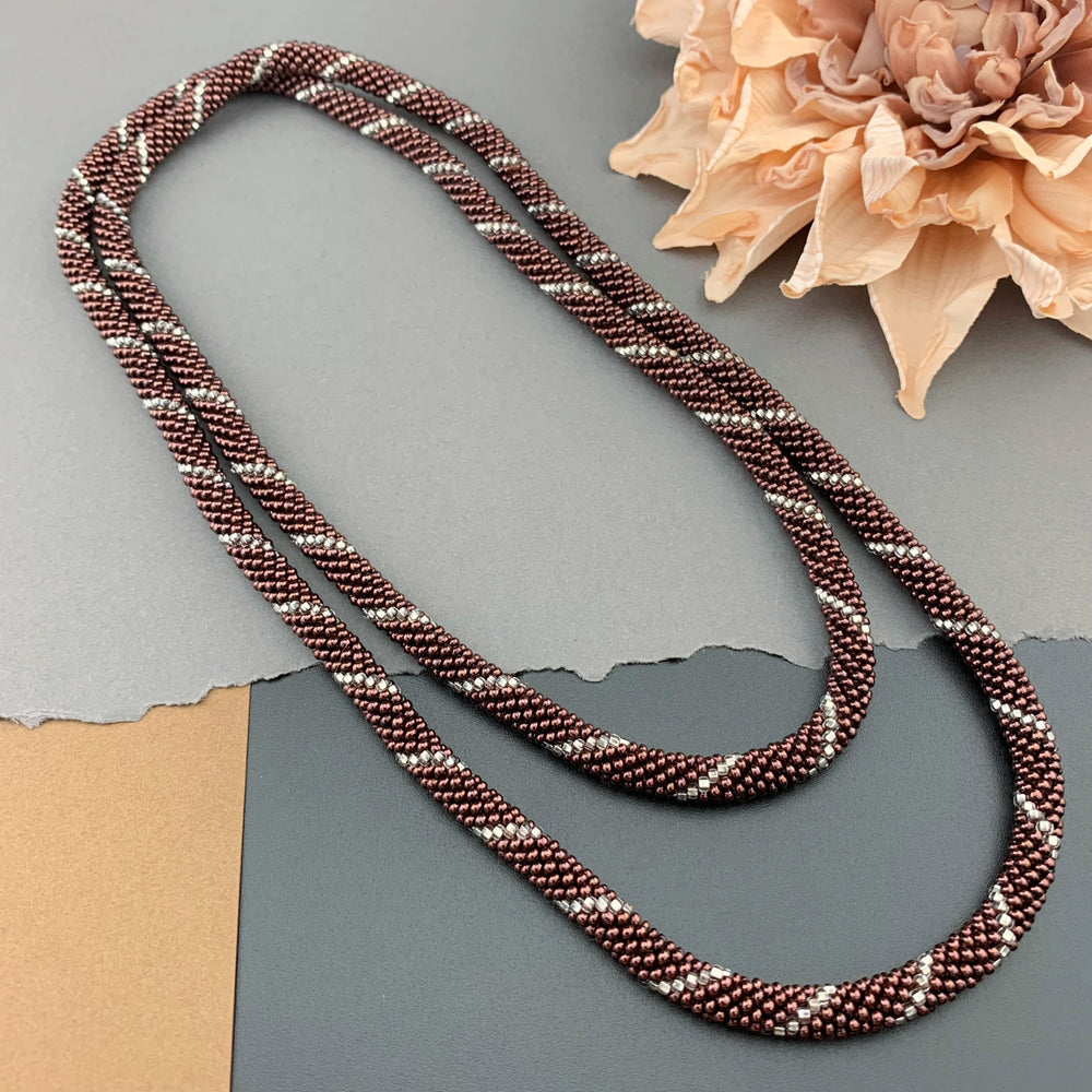 45" Spiral Pattern Beaded Crochet Rope Necklace - Silk Dark Copper