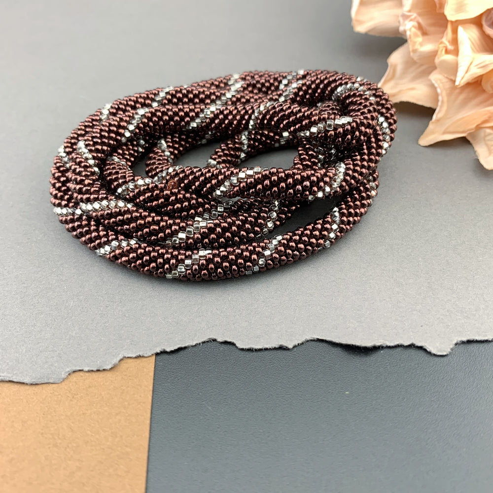 45" Spiral Pattern Beaded Crochet Rope Necklace - Silk Dark Copper