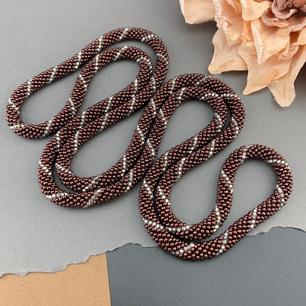 45" Spiral Pattern Beaded Crochet Rope Necklace - Silk Dark Copper