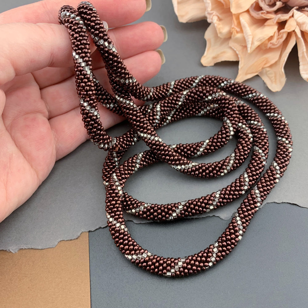 45" Spiral Pattern Beaded Crochet Rope Necklace - Silk Dark Copper