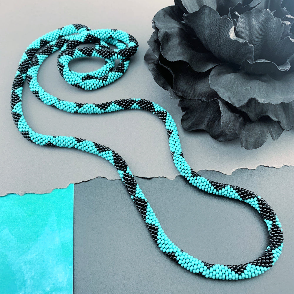 45" Diamond Pattern Beaded Crochet Rope Necklace - Turquoise